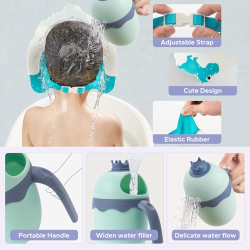 Image of FUNUPUP Baby Shower Cap for Kids, Baby Bath Shampoo Visor Cap Hair Washing Shield Adjustable, Set Blue Dinosaur