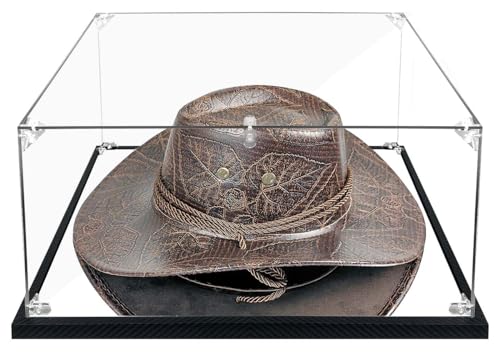 Clear Cowboy Hat Display Case Box Acrylic Panama & Tweed Hat Holder Stand with Mirror & Carbon Fiber Skin Base, Assemble Acrylic Box Shoes Sneakers UV Protection Memorabilia Collectibles Showcase