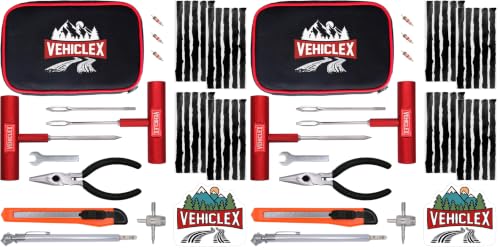 Image of Vehiclex Tire Repair Kit for Plug and Patch with Aluminum Handled Tools - Emergency Kit with Pliers in Zippered Bag for Car, Motorcycle, ATV, Tractor, Lawn Mower (Pack of 2)