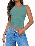 ZESICA Womens Summer Tank Tops 2025 Sleeveless Crewneck Knit Slim Fitted Side Ruched Casual Basic Shirt,Teal,Medium