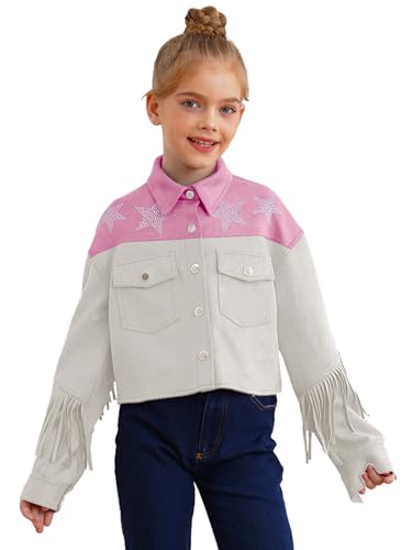 Aislor Kids Girls Rhinestone Star Denim Jacket Coat Faux Suede Tassel Long Sleeve Lapel Collar Button Down Coat Outwear