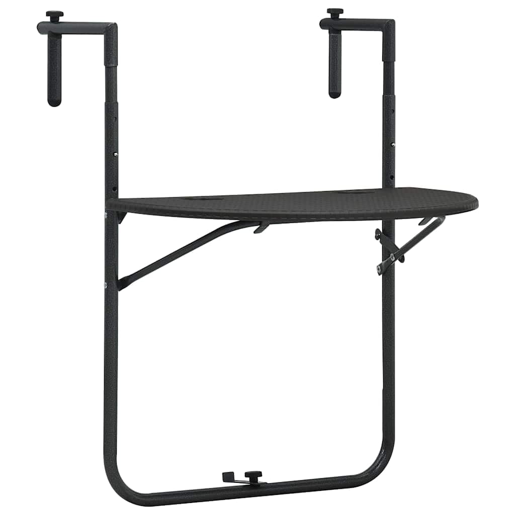Table suspendue de balcon marron 60 x 64 x 83,5 cm en plastique aspect rotin, table d'appoint pliable avec structure en acier réglable en hauteur pour boissons et outils de jardin