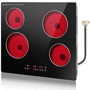 Placa Vitrocerámica 60 cm 4 Zonas, 6000W Placa Eléctrica con Control Táctil, 9 Niveles de Potencia, Temporizador, Pausa, Mantener Caliente, Bloqueo Infantil, Uso Empotrado o Sobremesa