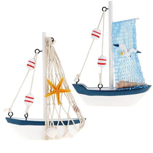 com-four® Bateau décoratif Maritime en Bois - Bateau de pêche avec Filet de pêche et Coquillages - Bateau en Bois pour la décoration - voilier Nautique...