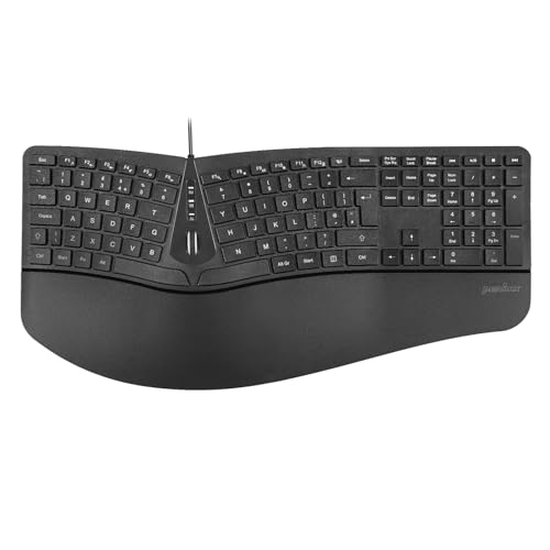 perixx PERIBOARD-305 Ergonomic Split Keyboard with Scroll Wheel - Adjustable Wrist Rest - Wired USB Full-Size Keyboard with 12 Multimedia Keys - UK Layout - Black
