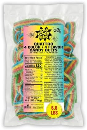 Sour Power Rainbow Sour Belts Candy, 6.6 lb Bulk Bag, Quattro Four Flavor Sour Belts Since 1985, Strawberry Blue Raspberry Green Apple Tutti Frutti, Vegan Soft Chewy Non-GMO Gelatin Free Bulk Sour Candy