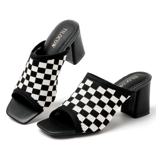 Image of Tilocow Knit Heeled Sandals for Women Square Open Toe Heeled Mules Chunky Block Low Heel Slip On Slides