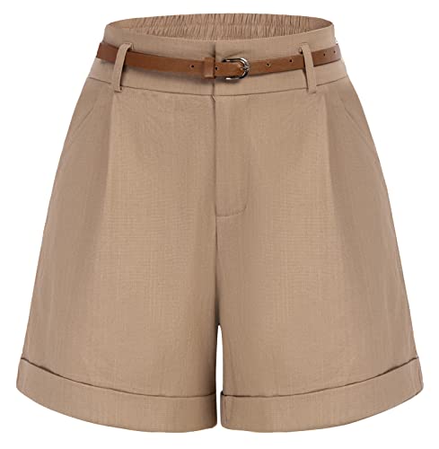 Image of Belle Poque Women Bermuda Shorts Elastic Waist Wide Leg Shorts with Pockets & Belts