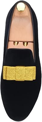 FERUCCI Men Plain Black Velvet with Gold Bow Slippers Loafers Prom Wedding