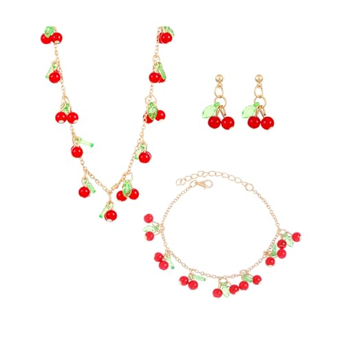 NIQIPOK 3Pcs Cherry Jewelry Set Red Cherry Earrings for Women 3D Simulation Red Cherry Earrings Cherry Necklace Cherry Bracelet Fruit Charm Jewelry Set(Cherry)