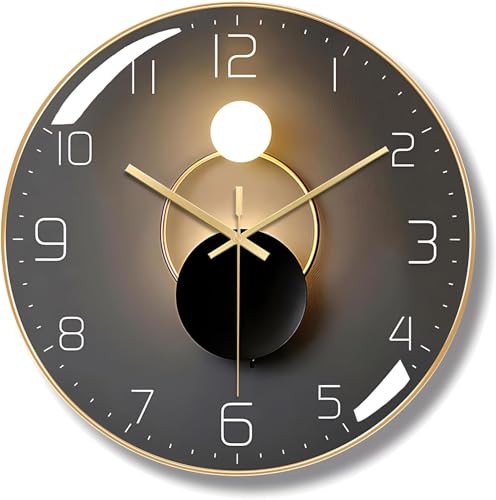 OKMYLF Wall Clock 12 Silent Round Battery Operated Silent Quartz Clock 3D Curved Glass Large Wall Clock for Office Home Bathroom Kitchen Bedroom School Living Room (Black dial with gold edge)