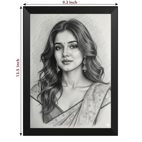 Image of Customized Pencil Sketch Photo Frame | A4 Size (9x13 Inch) Black Wall Hanging Frame | Personalized Gift for Birthday, Anniversary & Home Decor