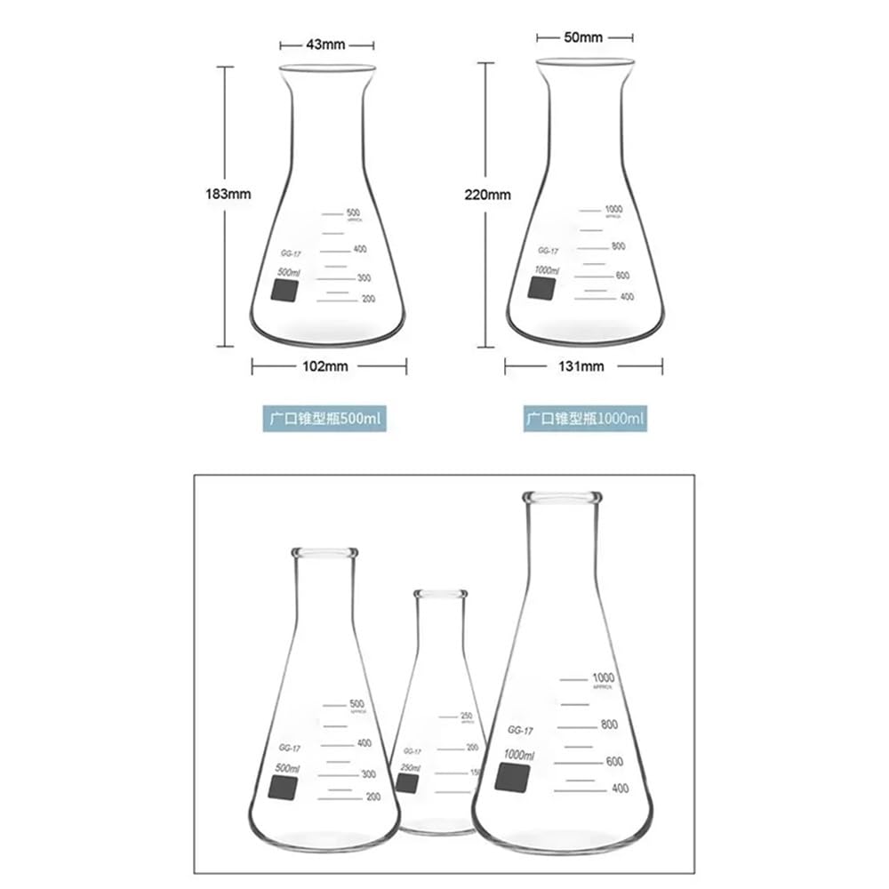 1 matraz Erlenmeyer de vidrio de laboratorio de 50 ml a 2000 ml, recipiente cónico for laboratorio, boca ancha.(2000ml)