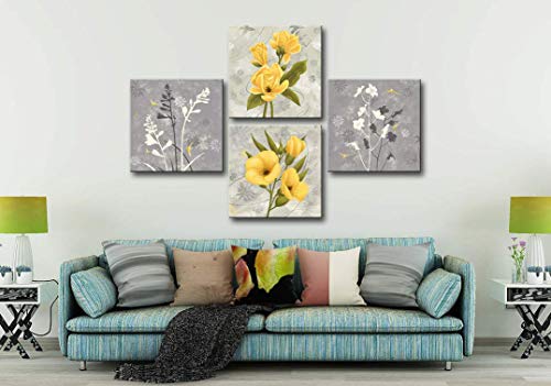 Kalawa Yellow Gray Flowers Wall Art Flying Birds Print Canvas Classic Home Decor Plant Pictures 4 Panels Poster For Bedroom Living Room Bathroom Office Large Painting Photo Frames Ready To Hang #TOP5