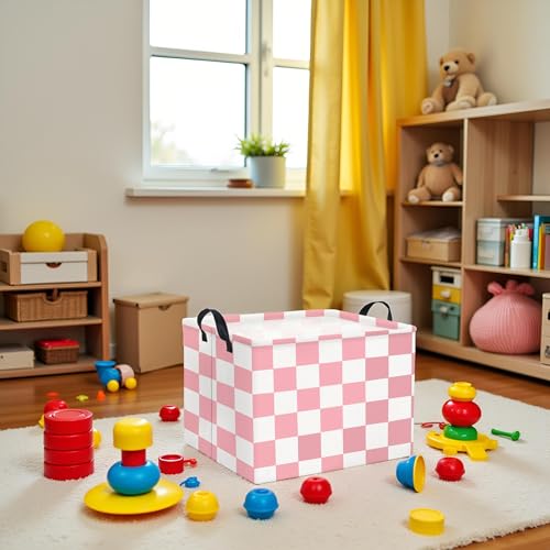Image of Rectangular Baby Girl Basket Fabric Storage Basket Storage Bin Organizer Box Room Decor(Pink Checkered)