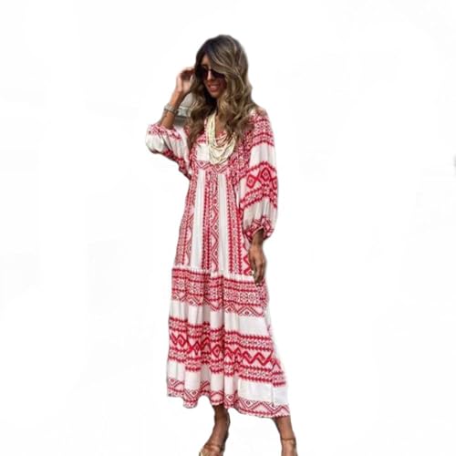 BAWUTZ Vestido Largo para Mujer Boho Floral Cuello en V Estilo Bohemio Vacaciones en la Playa Vestidos Largos Estampado Floral Fluido Patrón geométrico Bohemio Vestidos Largos Largos (M,Rotwein)