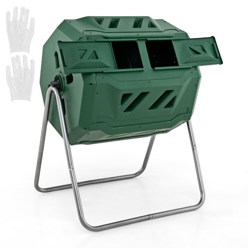 COSTWAY Compostiera da Giardino 160 L, Bidone per Compostaggio a Doppia Vasca con 2 Porte Scorrevoli e Telaio Metallico Robusto, Compostiera Rotante da Esterno a 360°Senza BPA (Verde)