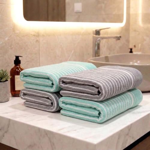 Athom Living Premium Hand Towels- Cotton, 400 GSM, Ultra Soft, Quick Dry, Highly Absorbent | for Hand, Kitchen and Gym | 60 * 40 cm, Pack of 4 | Sea Green & Grey (2 Each)
