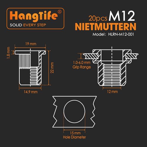 HANGLIFE Nietmuttern M12 Gewindenieten (20 Stück) - Blindnietmuttern aus verzinktem Kohlenstoffstahl mit geriffeltem Körper, Einziehmuttern