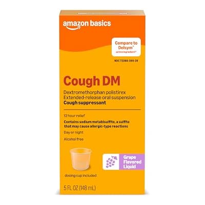Amazon Basic Care 12 Hour Cough DM Syrup, Extended-Release Dextromethorphan, Grape Flavor Cough Medicine, 5 fl oz (1-Pack)