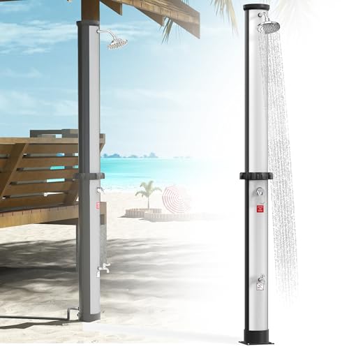 XMTECH Ducha Solar 40 L para jardín, piscina y exterior, 216 cm, ducha de pies, cabezal de lluvia 360°, grifo mezclador, sin electricidad
