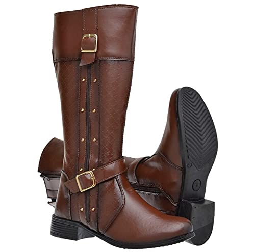 BOTA MONTARIA FEMININA CANO LONGO COURO FIVELA 2 (Marrom, 38)