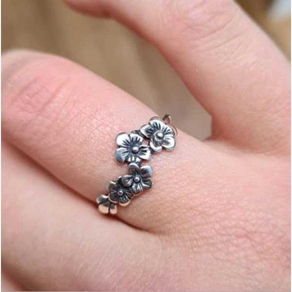 Vintage Blooming Wild Floral Ring Index Finger Ring Retro Daisy Flower Hawaiian Vine 925 Sterling Silver 4 Plumeria Flowers Wedding Band Ring for Women Boho Ring Jewelry Gift 8#3