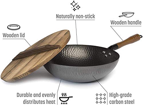 Craft Wok Traditional Hand Hammered Carbon Steel Pow Wok with Wooden and Steel Helper Handle (For Electric, Induction and Gas Stoves(12.5\"Flat Bottom Wok) - Thumbnail 4