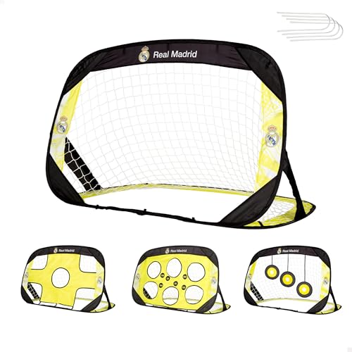 COLORBABY Real Madrid portería Pop-up fútbol 4 en 1, 120 x 80 x 80 cm, Incluye Paneles con dianas y Bolsa de Transporte, Montaje rápido, para Jugar en Exterior, Desde 3 años (77593)