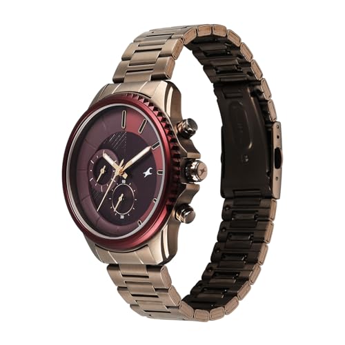 Image of Fastrack Wild Chameleons Back Inspired Bezel with Maroon Dial IP TCE Stainless Steel Strap Watch for Men - 3337KM02