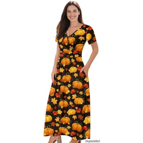 Image of Women's Fall Summer Short Sleeve Ankle Length V-Neck Party Dress with Pockets Size S-3XL