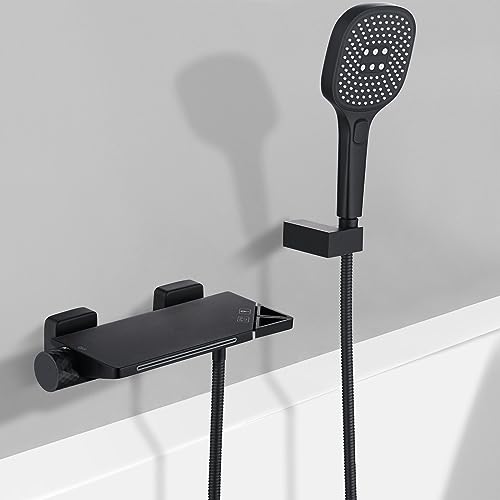 PHASAT Robinet de Baignoire Cascade Mural Mitigeur de Baignoire avec Douchette Robinet Mitigeur pour Salle de Bains en Laiton Noir PTBB10E
