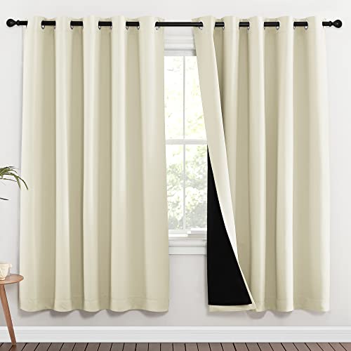 Image of NICETOWN Living Room Completely Shaded Draperies, Privacy Protection & Noise Reducing Ring Top Drapes, Black Lined Insulated Window Treatment Curtain Panels (Beige, 2 Pieces, W70 x L72)