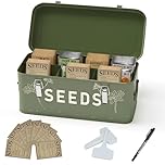 Orionstar Seed Storage Organizer, Metal Seed Saving Box with Lid, Seed Bin with 30 Plant Labels 30 Seed Envelopes 1 Marker Pens, 4 Compartments Box with Safety Locks, Blackish Green