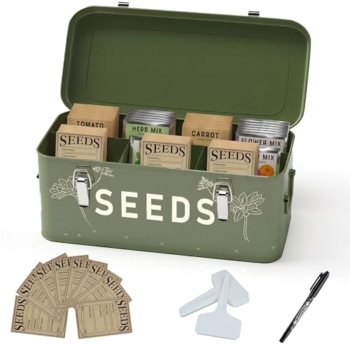 Orionstar Metal Seed Storage Organizer, 4 Compartments Saving Box with 30 Envelopes & Labels, Garden...