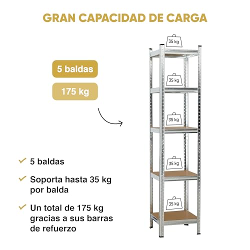 Miniatura 9 de Kg Kitgarden Estantería Metálica Almacenaje De Acero Galvanizado Con 5 Baldas De Mdf, 180x40x40cm
