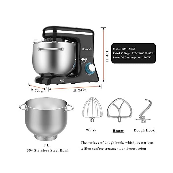 Howork Küchenmaschine Knetmaschine, 1500W leistungsstark 8L Tilt-Head Geräusche Knetmaschine, 6-stufige Geschwindigkeit Teigmaschine mit Rührbesen, Knethaken, Spritzschutz, Schläger (8L, schwarz)… – Bild 8