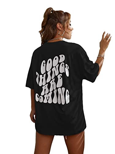 GORGLITTER Oversized T Shirts for Women Letter Graphic Print Short Sleeve Tunic Tops Loose Fit Summer Tee Top Black M
