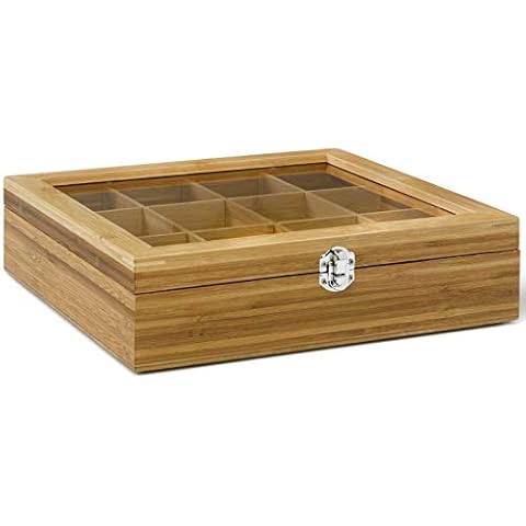 Bredemeijer Tea Box 12-compartments Bamboo whiteh Window, Brown Cover