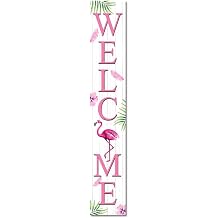 Pink Welcome Flamingo Porch Board Solid Wood Sign and Porch Leaner for Front Door Porch Deck Patio or Wall, Spring & Summer Farmhouse Rustic Vertical Porch Yard Decor 8x48