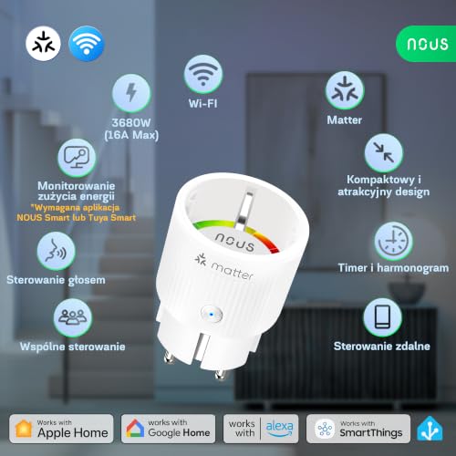 Inteligentne gniazdko Wi-Fi z zużyciem prądu, 16 A, 3840 W, kompatybilne z Alexa, Google Home, Tuya, NOUS App, Smart Things, zdalne sterowanie aplikacją, WiFi 2,4 GHz, IP20