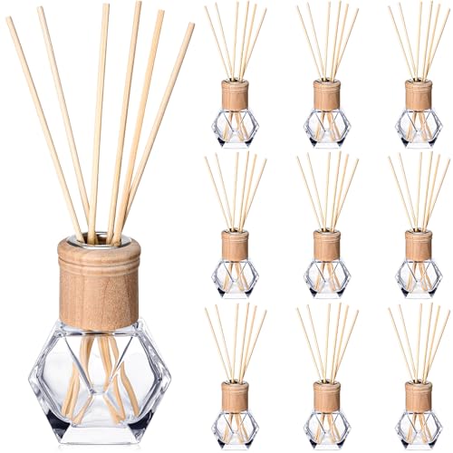 Roshtia 10 Set Reed Diffuser Bottle Empty Refillable Fragrance Glass Diffuser Bottles Set with Wooden Caps Rattan Sticks 50ml 1.7 oz Irregular Glass Jars for DIY Fragrance