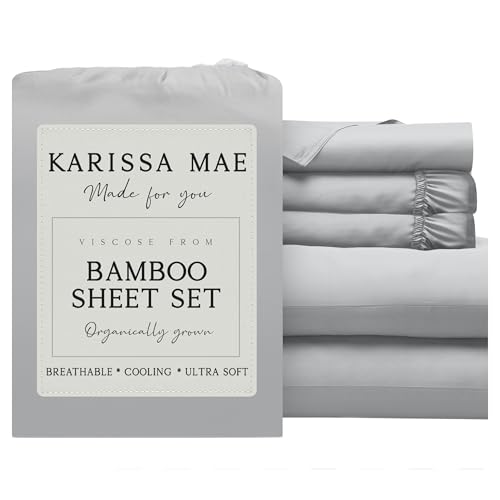 Image of KARISSA MAE Luxury Bamboo Viscose Split King Size Sheet Set, FSC Certified | Includes 2 Twin XL Fitted Sheets | Sleep Number & Adjustable Bed | Cooling | 18 inch Deep Pocket w / Corner Straps [Grey Mist]