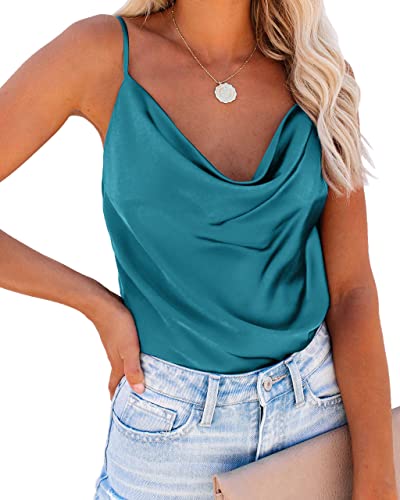 Ekouaer Satin Cowl Neck Tank Top Women Camisole Silky Loose Sleev...