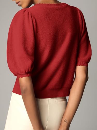 Image of Saodimallsu Womens Puff Short Sleeve Cardigan Lightweight Summer Button Down Shirts Knit Crew Neck Sweater Tops