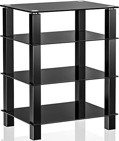 FITUEYES HiFi Rack AV Shelf 4-Tiers Glass TV Stand with Tempered Glass Media Storage Shelves Black