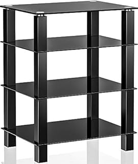 FITUEYES HiFi Rack AV Shelf 4-Tiers Glass TV Stand with Tempered Glass Media Storage Shelves Black