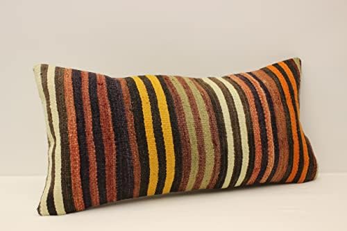 Turkish Kilim Pillow Cover 12x24 in Brown Red Green Decorative Lumbar Pillow Vintage Pillow Cover Kilim Cushion Sofa Pillow