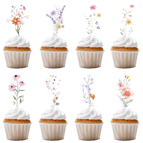 BOXOB 40pz Decorazioni per Torte di Fiori Selvatici, Decorazioni Feste Compleanno a Tema Fiori Campo Cupcake Baby Shower Stecchini Cupcake per Ragazze e Donne