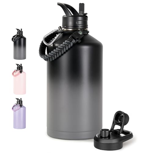 Image of Fijinhom Gallon Water Bottle with 2 Lids (Straw & Spout), 304 Stainless Steel Water Jug with Handle and Wide Mouth, 1 Gallon Vacuum Double Walled Jug for Sports, Outdoors, Black /Gray, 128 oz